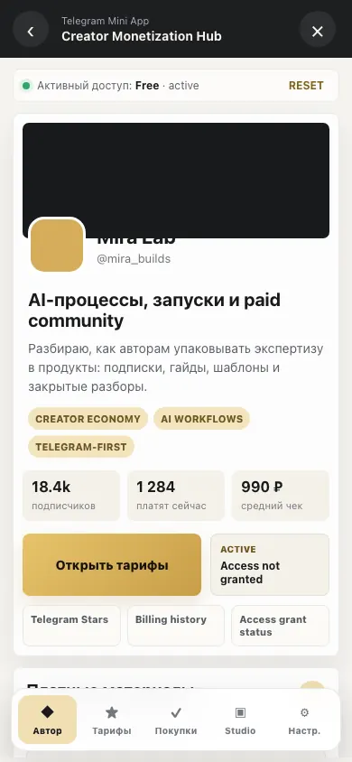 Интерфейс кейса «TMA для монетизации автора»